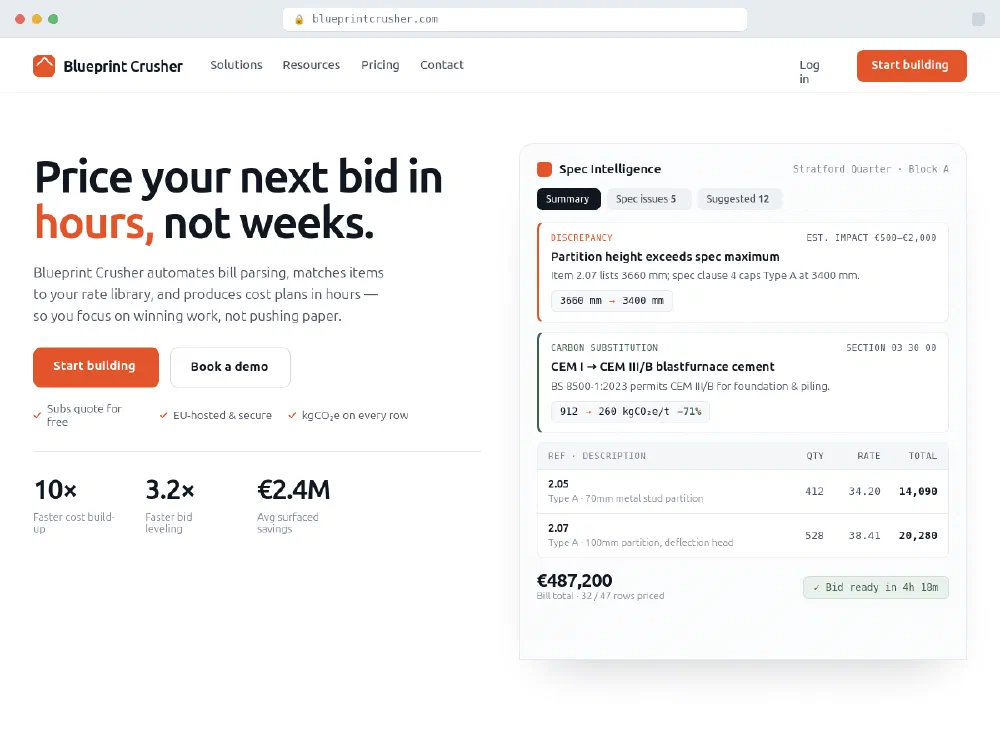 Blueprint Crusher homepage — automated bill pricing with spec intelligence and priced bill of quantities