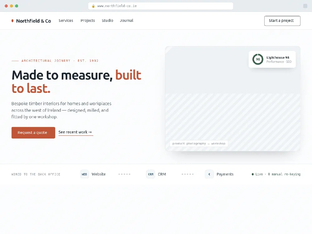 Headless marketing site wired to CRM and payments, scoring 98 on Lighthouse
